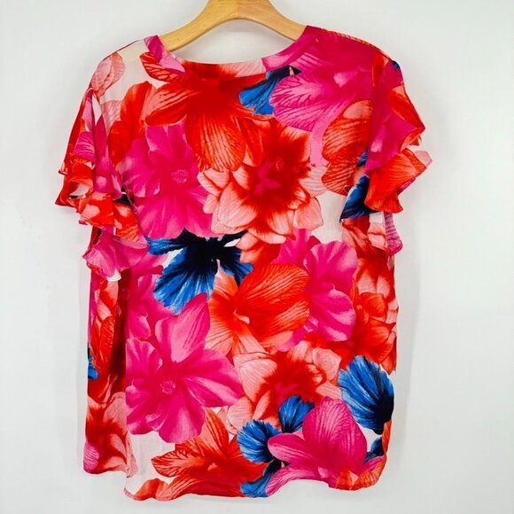 Tacera blouse Womens size  XL Red Pink floral Short Sleeve v neck flutter - Picture 8 of 9